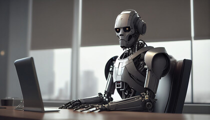 Confident android robot manager sitting in the office table