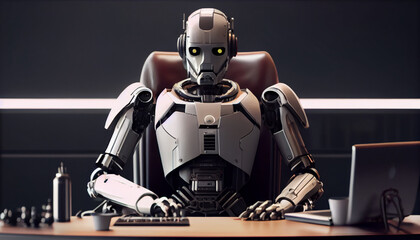Confident android robot manager sitting in the office table