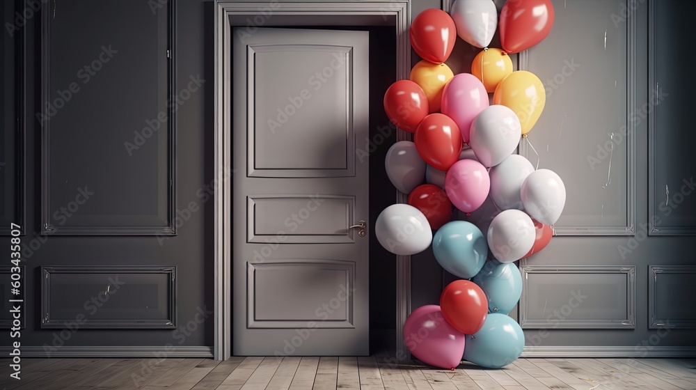 Poster a bunch of balloons are in the shape of a number one on a door way in a room with a wooden floor and