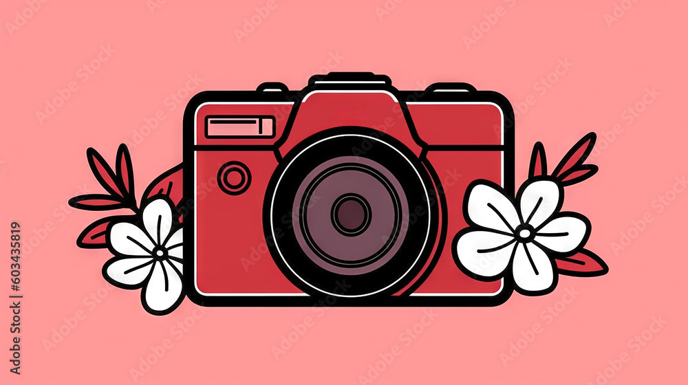 Poster a red camera with flowers on a pink background with a pink background and a pink background with a p
