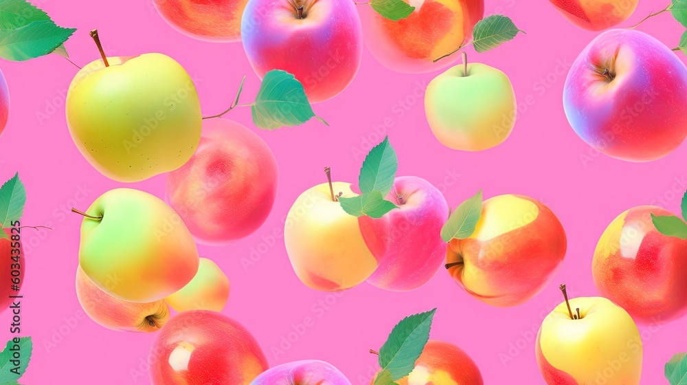 Poster a group of apples with leaves on a pink background with a pink background and a pink background with