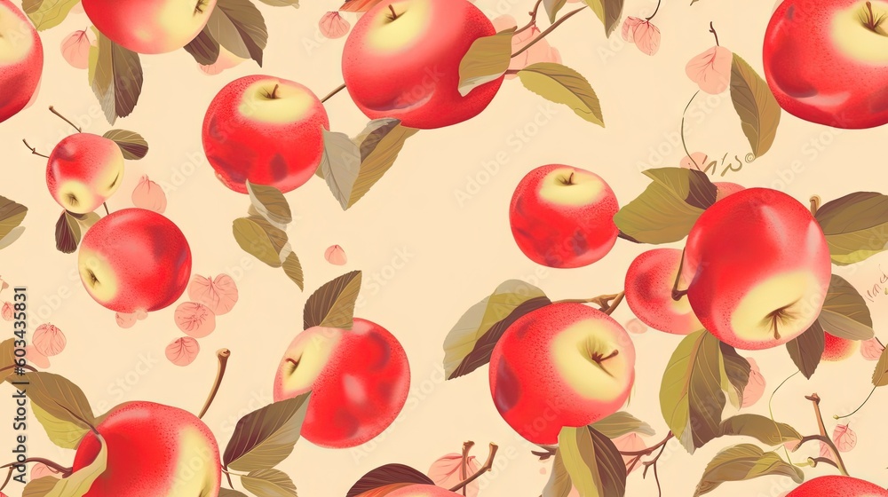 Poster a pattern of red apples with leaves on a beige background with pink flowers and leaves on the side o