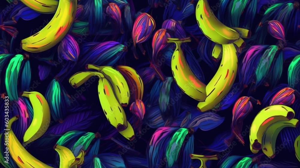 Poster a bunch of bananas that are painted in different colors and shapes on a black background with a yell