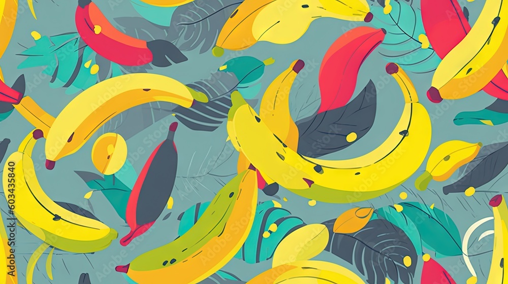 Poster a bunch of bananas that are on a blue surface with leaves and dots on it and a banana in the middle 