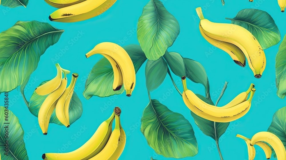 Poster a bunch of bananas sitting on top of a green leaf covered surface with leaves around them on a blue 