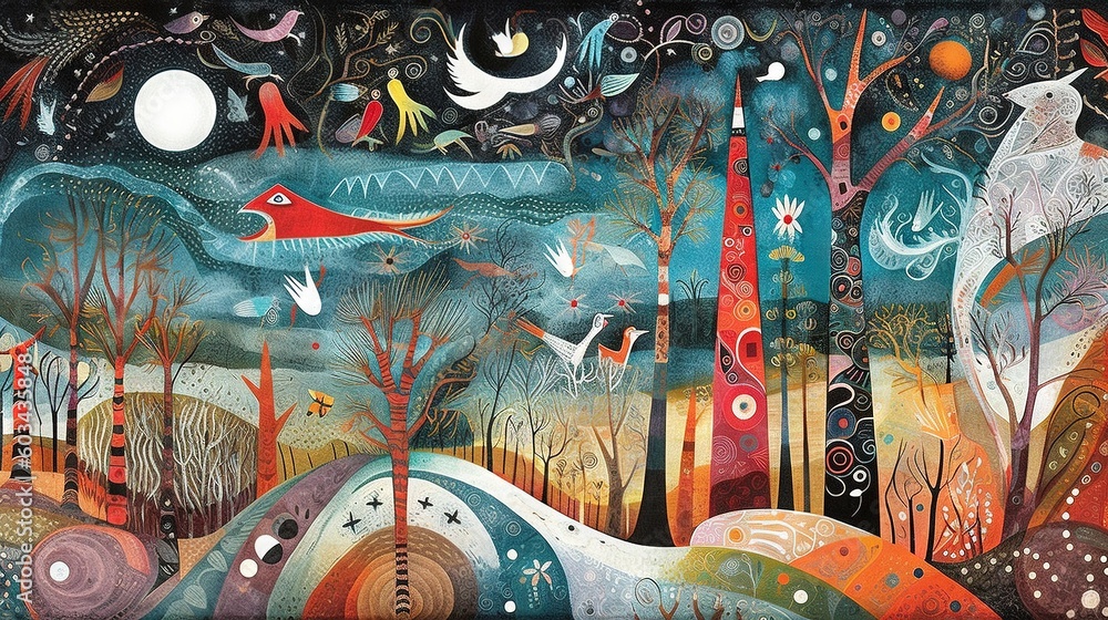Poster a painting of a forest with trees and animals in it and a sky with stars and clouds above it and a f