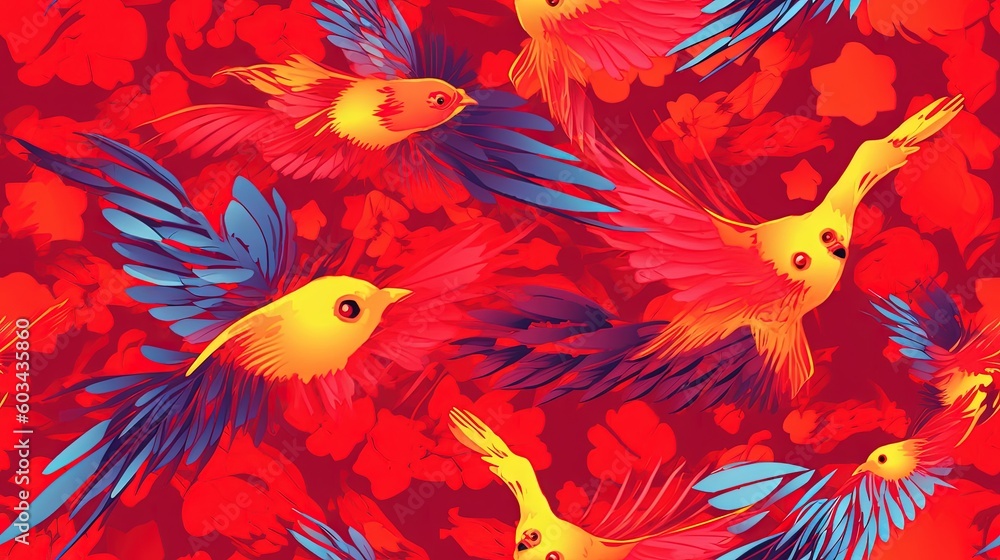 Poster a red and yellow bird pattern with blue and yellow birds on a red and pink background with hearts an