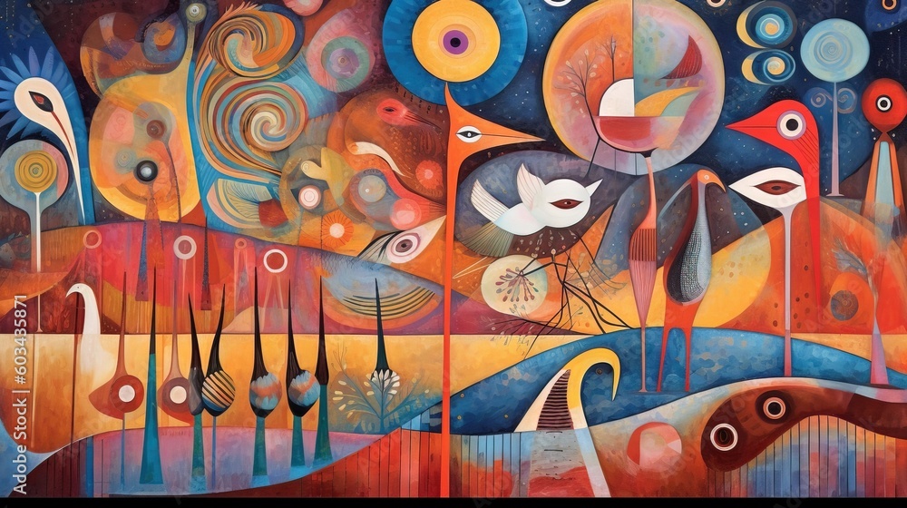Poster a painting of a colorful landscape with birds and trees in the foreground and a bird in the middle o