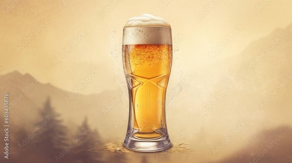 Aufkleber a tall glass of beer sitting on top of a table next to a mountain range in the background with trees