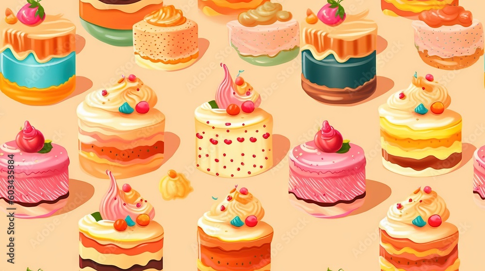 Aufkleber  a bunch of different types of cakes on a yellow background with a strawberry on top of one of the cakes on the other side of the cake.  generative ai