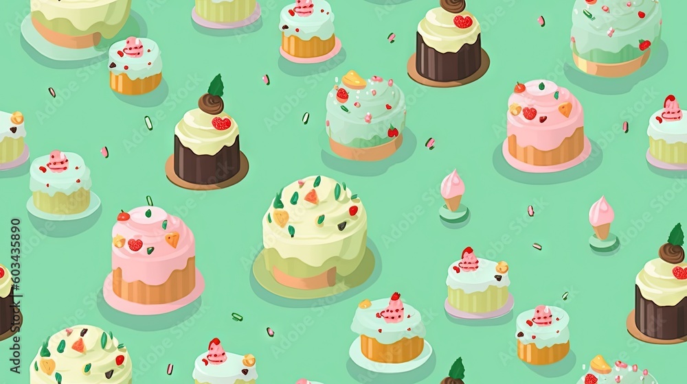 Poster a bunch of cakes that are on a green surface with different toppings on them and on top of each othe