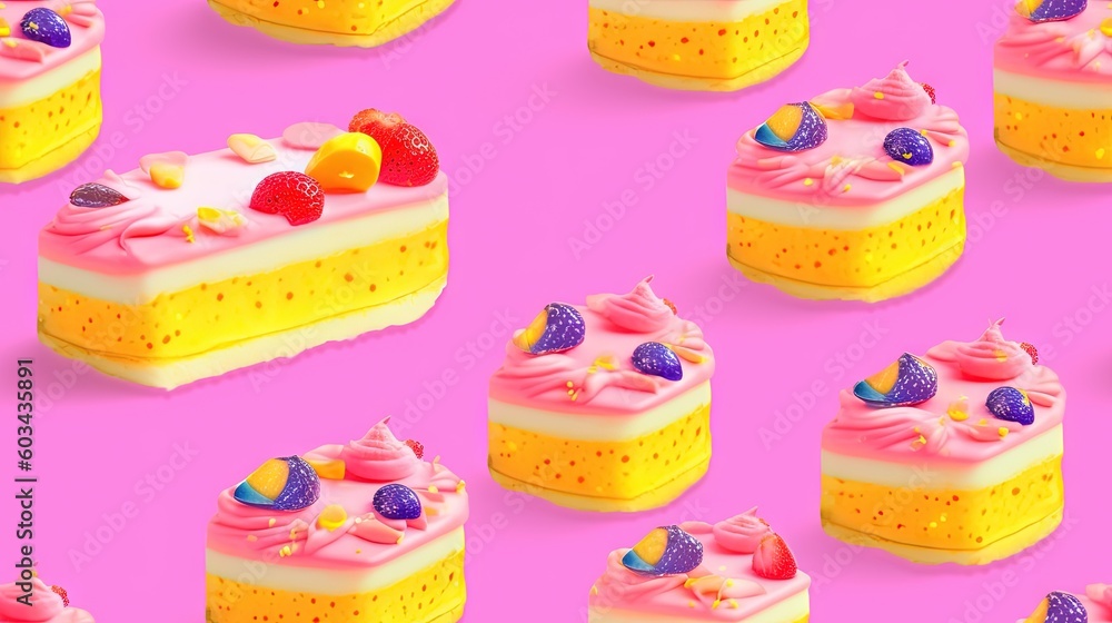 Aufkleber a pink and yellow cake with lots of frosting and fruit on top of it on a pink background with other 