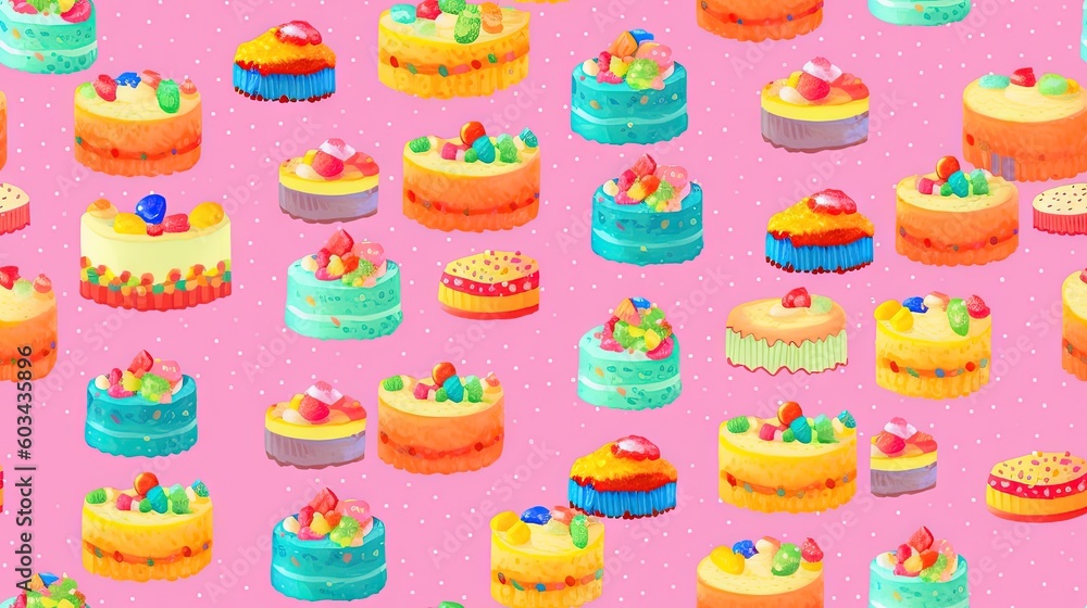 Aufkleber a bunch of cakes that are on a pink surface with polka dots and dots on the bottom of the image and 