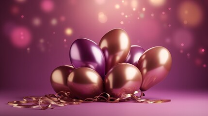  a bunch of shiny balloons with gold ribbons on a purple background with a streamer of confetti and streamers of gold ribbons.  generative ai