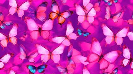  a bunch of pink butterflies flying in the air with a purple background and a pink sky in the background with a few pink butterflies flying in the air.  generative ai