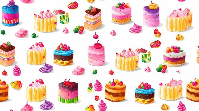  a bunch of different cakes on a white background with different colors and designs on them, all of which have different toppings and shapes.  generative ai