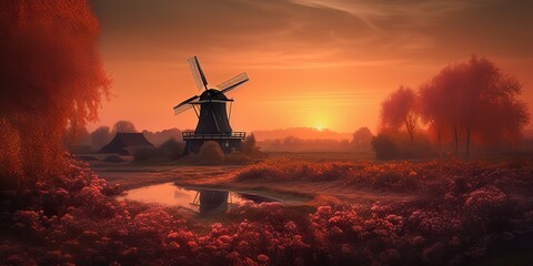 AI Generated. AI Generative.  Netherland windmill winth beauty field flowers sunset. Graphic Art