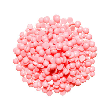 Beautiful pink depilation hot wax granules on a white background. Isolate. Copy space. Depilatory wax. Epilation, depilation, unwanted hair removal. Top view.