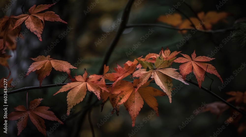 Poster a tree branch with red leaves in the fall season, with a blurry background of trees in the backgroun