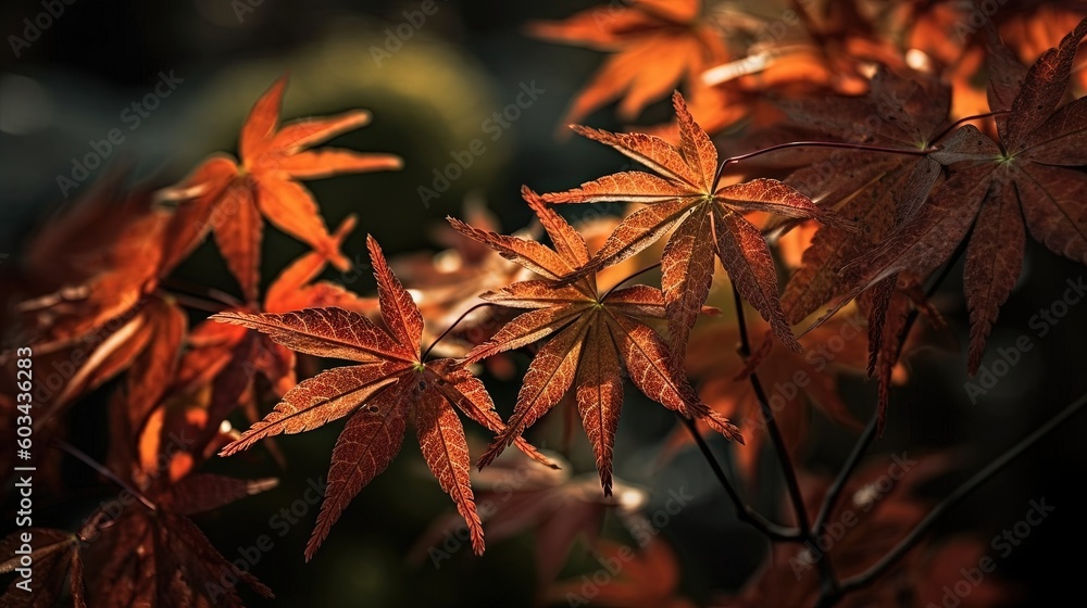 Poster a close up of a leafy tree with red leaves on it's branches and a blurry background of trees in the 