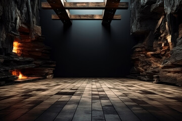 Empty empty wood floor with grungy walls, in the style of contemporary metallurgy, rustic still lifes, gray and brown, vintage wooden floor, walls with concrete. Generative Ai Illustration.