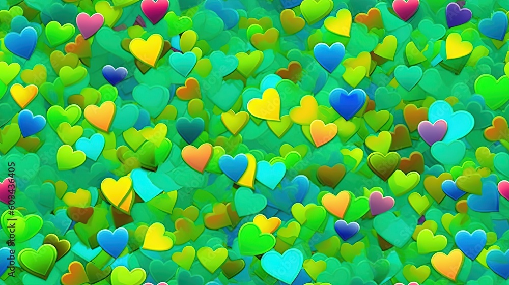 Aufkleber a lot of hearts that are all different colors and sizes of hearts on a green background with space f