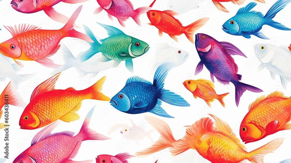 Poster  a group of colorful fish on a white background with a blue one in the middle of the picture and a red one in the middle of the picture.  generative ai