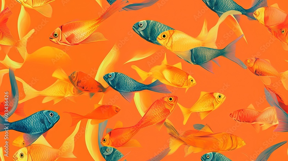 Poster  a lot of fish that are on a orange background with a blue one in the middle of the picture and a yellow one in the middle of the picture.  generative ai