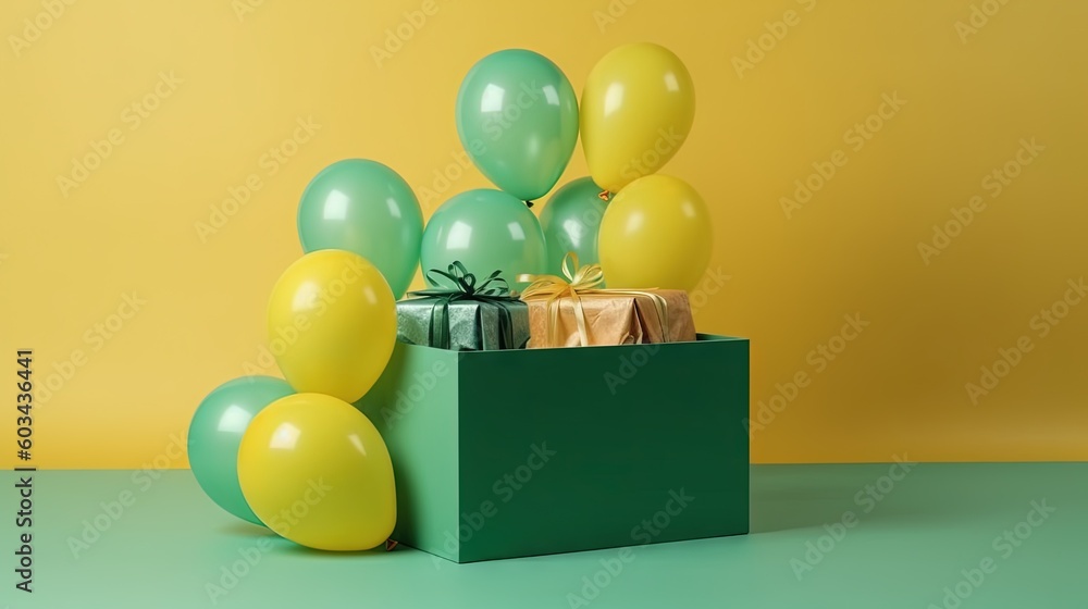 Poster a green box with balloons and a present on a yellow and green background with a green box with a pre
