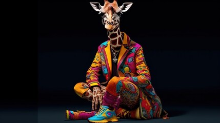 Obraz na płótnie Canvas a giraffe sitting on the ground wearing a colorful suit and shoes with a black background and a black background with a black background. generative ai