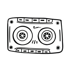 Music audio cassette doodle illustration. Cassette for tape recorder, player. Retro cassette for stereo music. Cartoon style, drawn he hand vector.