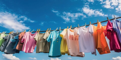 T-shirts hanging on the clothesline outdoor blue skyRainbow color, pride colors, full colored, generative ai. 