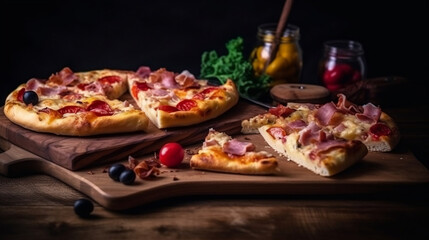Pizzas of assorted ingredients on a wooden plate located on a wooden table. Pizzas in a warm environment surrounded by natural ingredients. Image generated by AI.