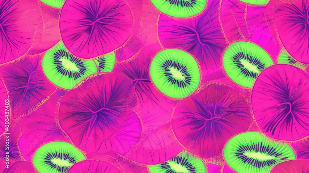 Poster a pink and green background with a pattern of circles and leaves on it's sides and a green center in