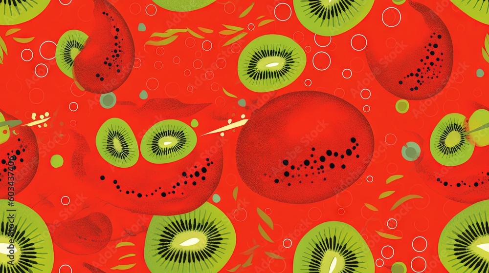Poster  a red background with green apples and kiwis on it and a red background with green apples and kiwis on the bottom.  generative ai