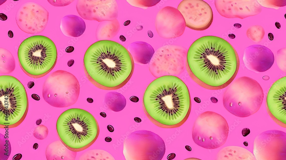 Poster a bunch of kiwi slices on a pink background with other kiwis in the middle of the image and a few ot