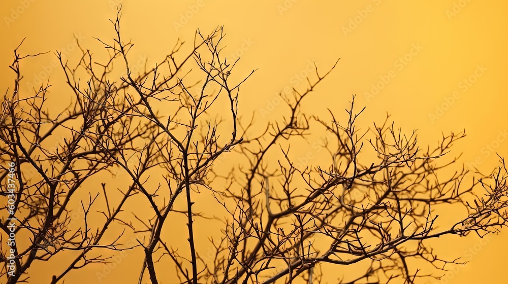 Poster a bird sitting on top of a tree branch with no leaves on it's branches and a yellow sky in the back 