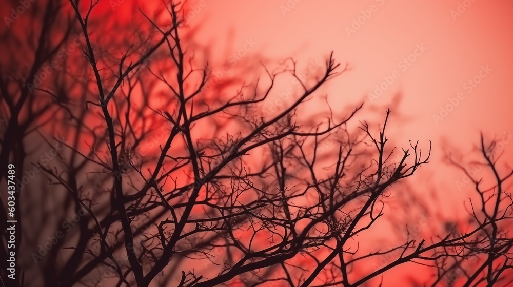 Poster a tree with no leaves and a red sky in the background with a few clouds in the distance with a red s