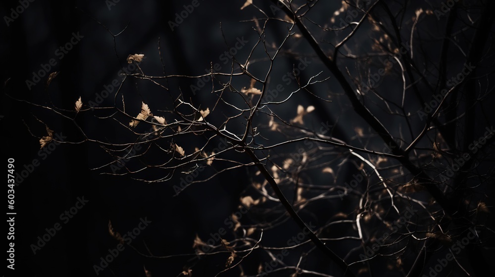 Poster a tree branch with no leaves in the dark night time, with only one leaf on the branch and only one l
