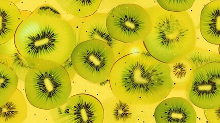  a bunch of sliced kiwis sitting on top of each other on a yellow surface with black dots on the top of the kiwis.  generative ai