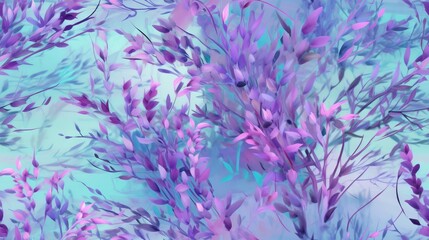 Fototapeta na wymiar a painting of purple flowers on a blue and pink background with a blue sky in the back ground and a blue sky in the back ground. generative ai