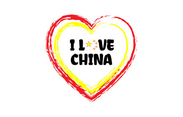 I love China heart brush style logo with national flag colors. Patriotic vector illustration icon. Template for poster, card, banner, background, personal journals, travel diary or social media.