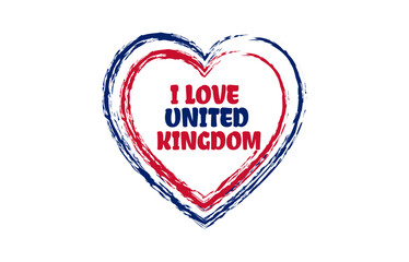 I love United Kingdom heart brush style logo with national flag colors. Patriotic vector illustration icon. Template for poster, card, banner, personal journals, travel diary or social media.