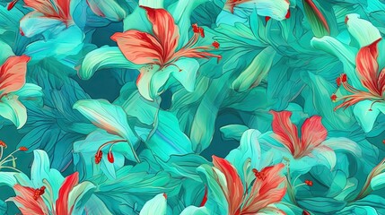  a painting of red and blue flowers on a green background with leaves and buds on the bottom of the image is a blue background with red and green leaves on the bottom.  generative ai