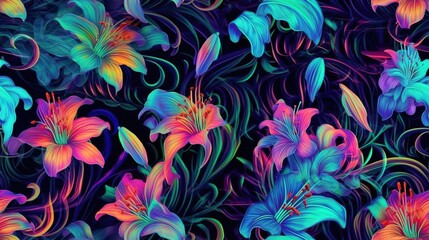  a bunch of flowers that are on a black background with blue and pink flowers in the middle of the picture and a green and pink flower in the middle of the middle.  generative ai