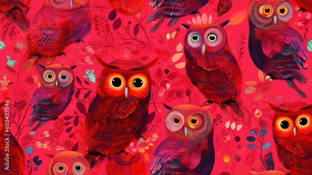 Poster a group of red owls sitting on top of a tree filled with leaves and berries on a pink background wit
