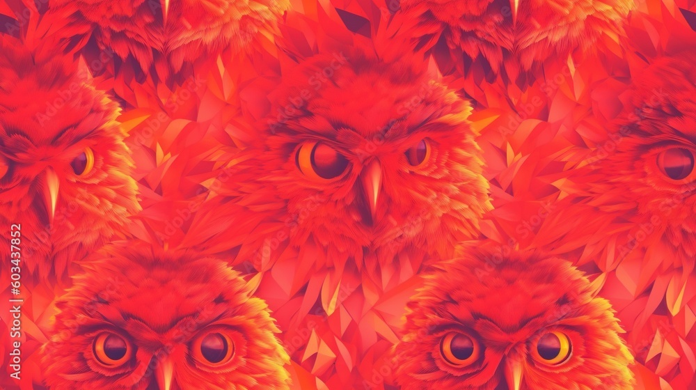 Poster a red and yellow background with an owl's head and eyes in the center of the image, with a red backg