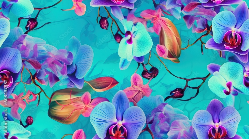 Poster a painting of purple and blue orchids on a blue background with a red center in the middle of the im