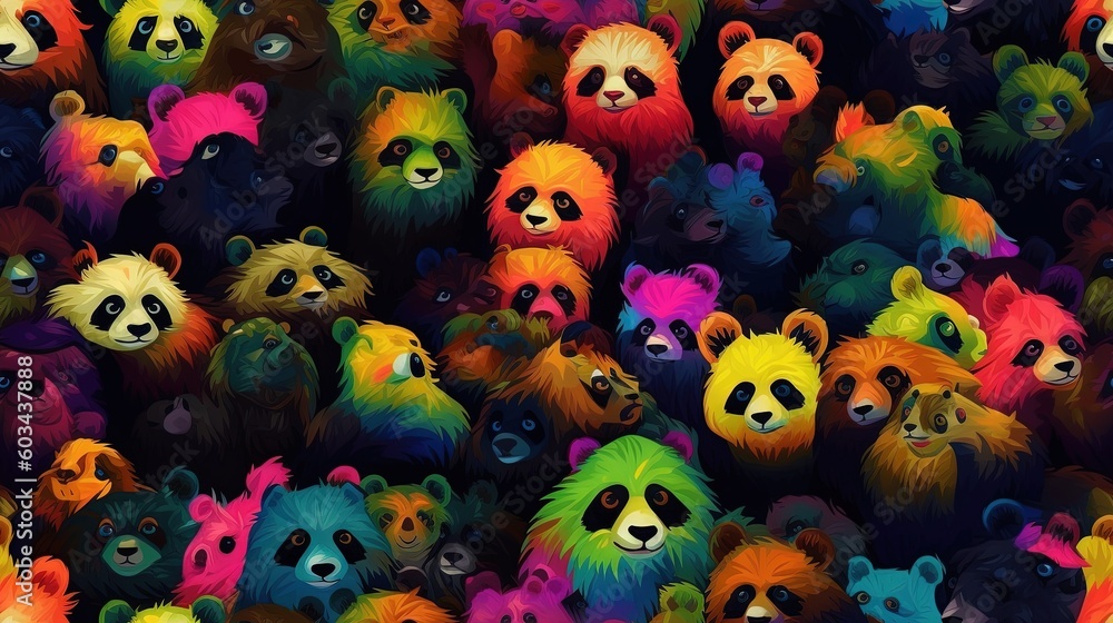 Poster a large group of brightly colored bears with different colors on their faces and faces, all of which