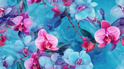 Fototapeta na wymiar a painting of pink and blue orchids on a blue background with leaves and flowers in the center of the painting is a painting of blue and pink orchids on the left side of the. generative ai